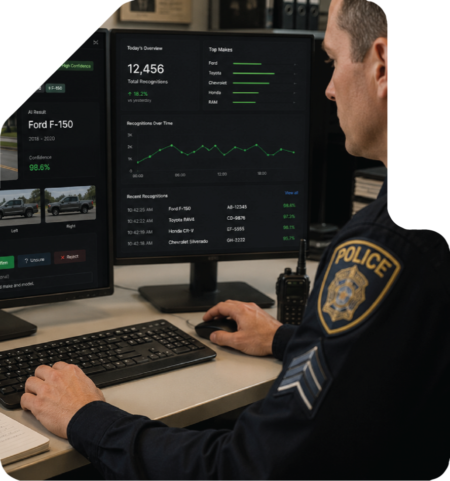 A uniformed police officer at a desk reviewing vehicle-recognition results on two monitors, with accept, unsure and reject controls visible on screen.