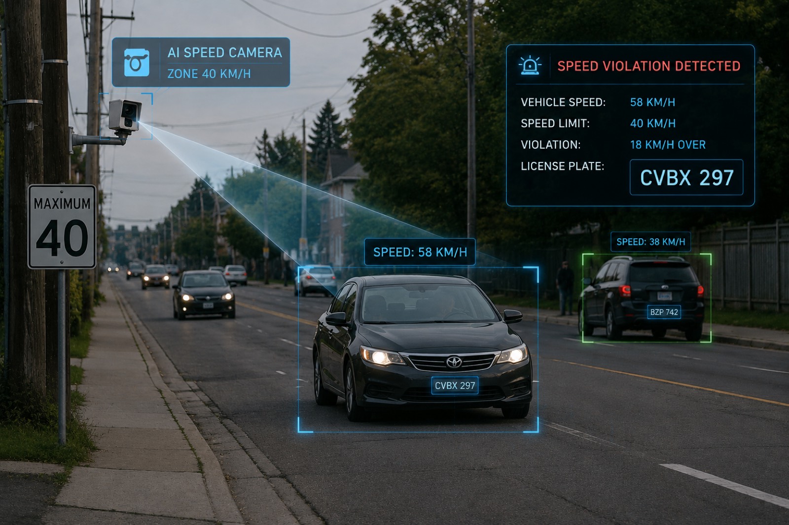 A municipal arterial road with roadside camera infrastructure mounted on a utility pole, vehicles approaching in both directions and a posted speed-limit sign.