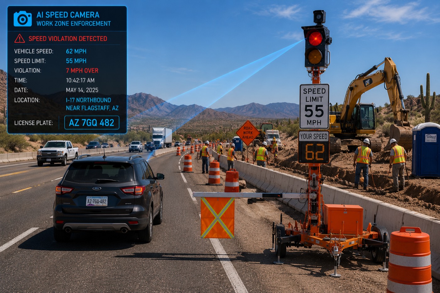A highway work zone with orange channelizing barrels, posted work-zone speed signage, construction crews and a vehicle travelling through the area.