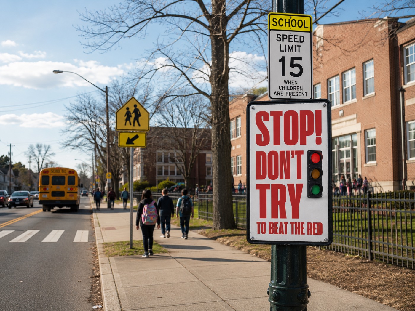 A school-zone street with a posted campaign sign reading “Stop! Don’t try to beat the red”, a school bus at the kerb, students walking on the sidewalk and a marked crosswalk.